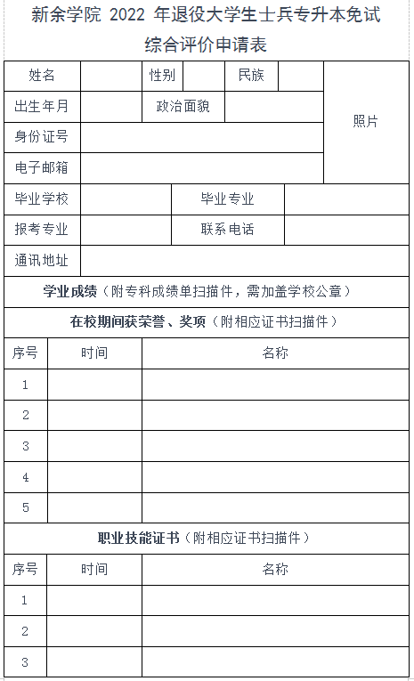 新余学院专升本免试申请表