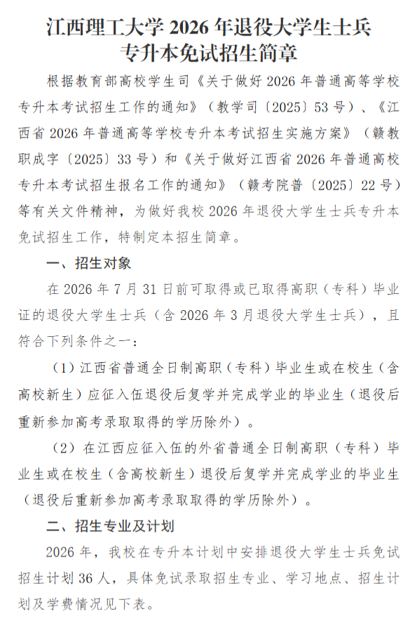 江西理工大学退役大学生士兵专升本